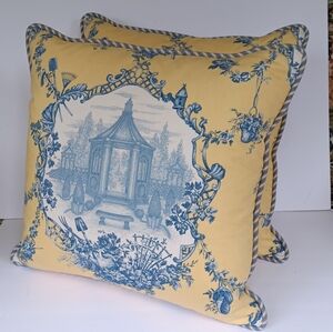 Custom Designer Gazebo Yellow & Blue Toile Throw Pillow w/ Inserts 20" X 20"